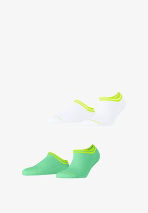 Twee paar no-show sokken: één in wit met neon groene accenten, de ander in effen groen met bijpassende felgroene details.