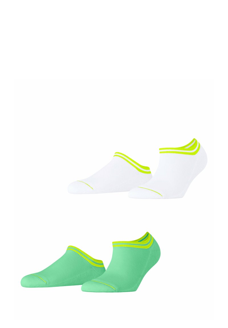 Deux paires de chaussettes invisibles : l'une en blanc avec des accents vert fluo, l'autre en vert uni avec des détails vert vif assortis.