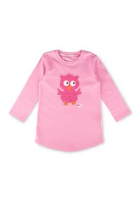 Rosa Langarmshirt für Kleinkinder mit einem cartoonartigen grafischen Design einer pinken Eule, die große Augen und einen orangen Schnabel hat.