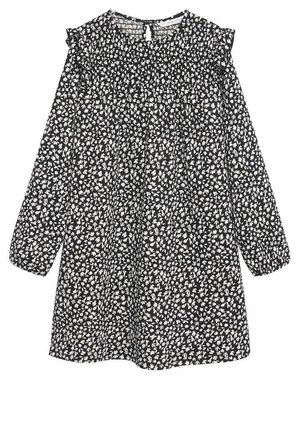 Schwarzes Kleid mit langem Arm und weißem kleinen Blumenmuster, rundem Ausschnitt, Rüschendetails an den Schultern und gerafftem Stoff unter der Brust.