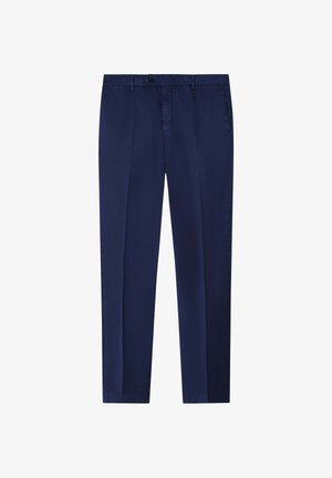 Pantalones de pierna recta en azul marino con cierre de botón y cremallera, trabillas para cinturón, bolsillos laterales y una línea marcada en la parte delantera.