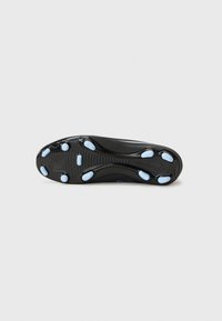 Black athletic shoe sole with a smooth rubber texture, featuring blue accent pods and a wavy design. Includes a central ridged area for traction.
