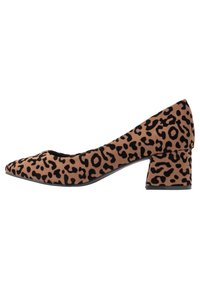 Leopard print block heel pump in brown and black, featuring a pointed toe, soft textured upper, and sturdy mid-height heel.