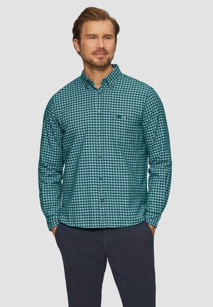 Groen en wit geruite button-up shirt met lange mouwen, kraag en borstzak; gemaakt van lichtgewicht stof met een gladde textuur.
