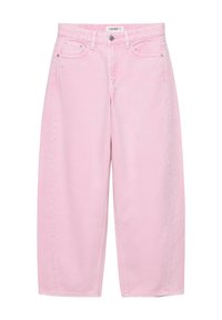 Magas derekú, bő szárú, világos rózsaszín farmernadrág elején zsebekkel, övbújtatókkal és gombos záródással.