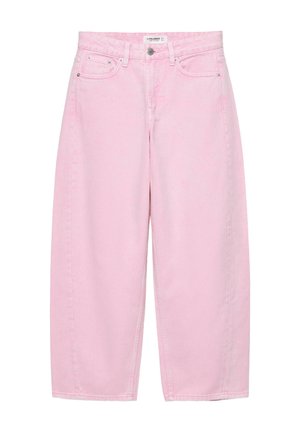 Lyserøde denimjeans med høj talje, vide ben, forlommer, bæltestropper og knaplukning.