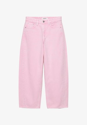 Blugi din denim roz deschis, talie înaltă, cu croială largă pe picior, buzunare frontale, bucle pentru curea și închidere cu nasture.