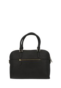Black leather handbag with dual top handles, a front zip pocket, and sleek design. Features gold-toned hardware and a textured finish.