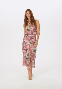 Kleid mit Floralprint in Hellrosa, mit A-Linie, ärmellosem Design, Knopfleiste und tailliertem Bund mit grünen und lila Akzenten.