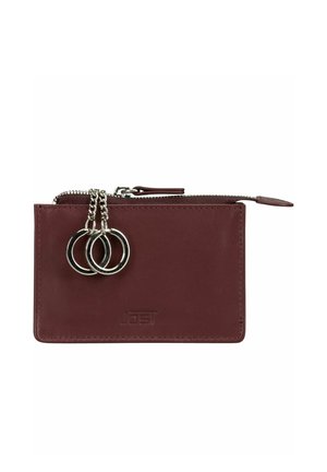 Kleine rechteckige dunkelrote Lederetui mit zwei silbernen Schlüsselringen, die am Reißverschluss-Zuglasche befestigt sind.