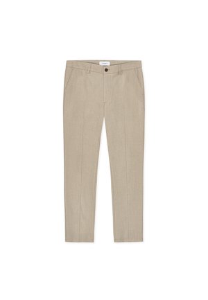 Μπεζ παντελόνι σε ίσια γραμμή, κατασκευασμένο από ελαφρύ ύφασμα, με ίσιο εμπρός μέρος, πλαϊνές τσέπες και κούμπωμα με ένα κουμπί στη μέση.
