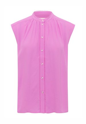 Bluză fără mâneci de culoare roz, cu închidere prin nasturi, având un guler plisat și o margine decorativă. Textură netedă și material ușor.