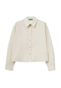 Kremowa, długorękawowa koszula na guziki z ostrym kołnierzem i subtelnym kwiatowym haftem na górnej prawej stronie przodu.