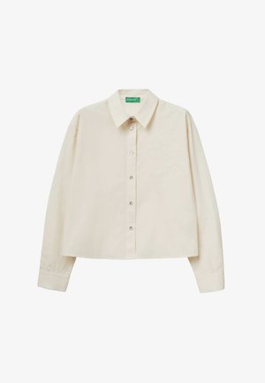 Camicia a maniche lunghe color avorio con bottoni e colletto appuntito, ricamata con un motivo floreale sottile sulla parte anteriore destra superiore.