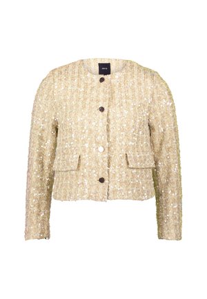 Cropped gold sequined jacket with a round neckline, two front pockets, and brown buttons. Textured fabric with a glittering appearance.
