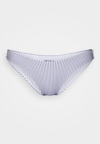 Fundo de biquíni riscado em branco e azul marinho. Apresenta uma textura suave com finas riscas verticais e uma faixa na cintura exibindo o logótipo da marca.