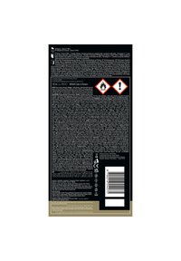 Schwarzes und goldenes Produktetikett mit Sicherheitssymbolen, mehrsprachigem Text, Zutaten und einem Barcode; hauptsächlich textfokussiertes Layout.