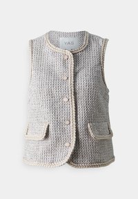 Szary, pleciony kamizelka z okrągłym dekoltem, kremowymi wykończeniami, guzikami z przodu oraz dwoma kieszeniami dla dodatkowego akcentu. Posiada teksturowany wzór tkaniny.