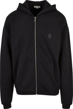 Schwarze Zip-Hoodie aus Baumwollmischung. Mit einem Frontreißverschluss, zwei vorderen Taschen und einer verstellbaren Kapuze. Kleines Logo auf der Vorderseite.