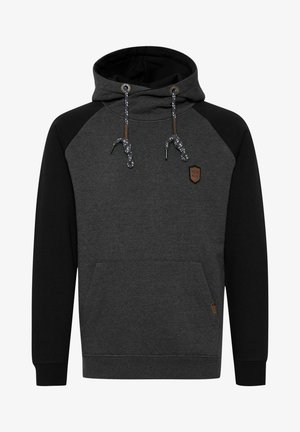 Hooded sweatshirt in dark gray with black raglan sleeves, featuring a front pocket, textured fabric, and decorative drawstrings.