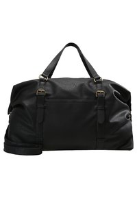 Borsa da viaggio in pelle sintetica nera con manici superiori doppi, tracolla removibile e dettagli in ottone. Presenta una tasca frontale per riporvi oggetti.