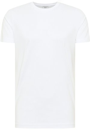 White cotton t-shirt with short sleeves, crew neck, and a smooth texture. Simple design with no visible patterns or graphics.