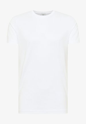 Witte katoenen t-shirt met korte mouwen, ronde hals en een gladde textuur. Eenvoudig ontwerp zonder zichtbare patronen of grafische elementen.