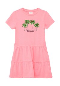 Rosa Baumwollkleid mit kurzen Ärmeln, einem gestuften Rock und einem glitzernden Palmbaumdesign mit dem Text "Glück kommt mit tropischen Vibes!"