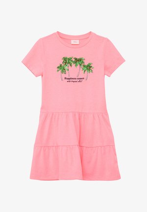 Rosa Baumwollkleid mit kurzen Ärmeln, einem gestuften Rock und einem glitzernden Palmbaumdesign mit dem Text "Glück kommt mit tropischen Vibes!"