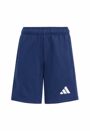 Granatowe szorty sportowe z elastycznym paskiem i bocznymi kieszeniami, z białym logo Adidas na dolnej lewej nogawce.