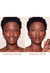 Two portraits side by side; left shows natural skin tone, right displays makeup with a glossy finish and dark lipstick, holding a foundation bottle.