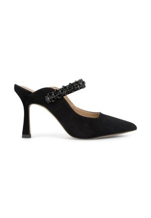 Zwarte suede hoge hak slingback schoenen met een spitse neus en een textuur, versierde band over de wreef.