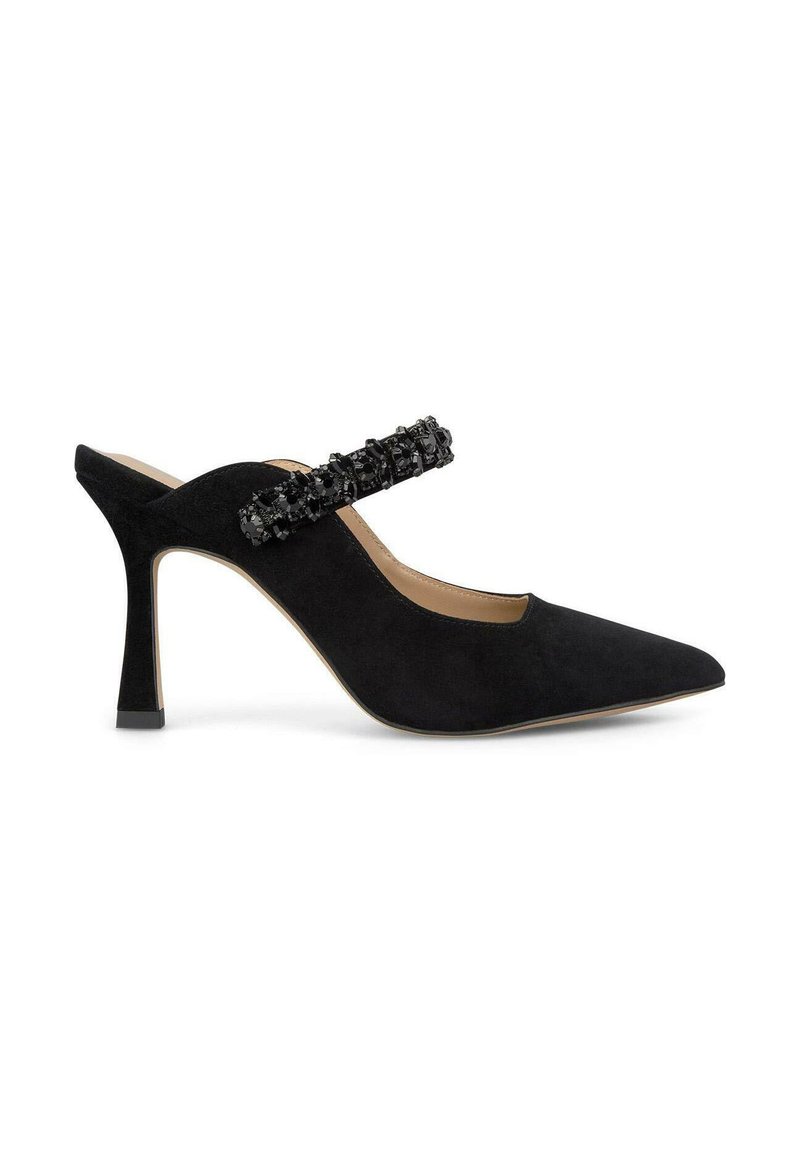 Zwarte suede hoge hak slingback schoenen met een spitse neus en een textuur, versierde band over de wreef.