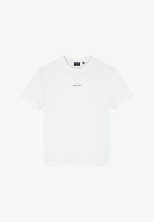 Wit T-shirt met korte mouwen en ronde hals, met klein "BALLIN'"-logo gecentreerd op de borst.