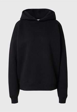 Schwarzer Kapuzenpullover aus weichem Material, mit lockerer Passform, gerippten Bündchen und einem dezenten Logo-Detail auf der Vorderseite.