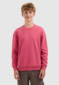 Tienerjongen met kort lichtbruin haar, gekleed in een eenvoudige felroze sweatshirt en een bruine broek, staande tegen een lichtgrijze achtergrond.