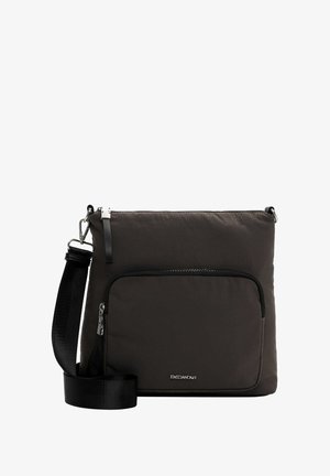 Black nylon crossbody bag with a smooth texture, featuring a front zip pocket, adjustable strap, and branded accent on the front.