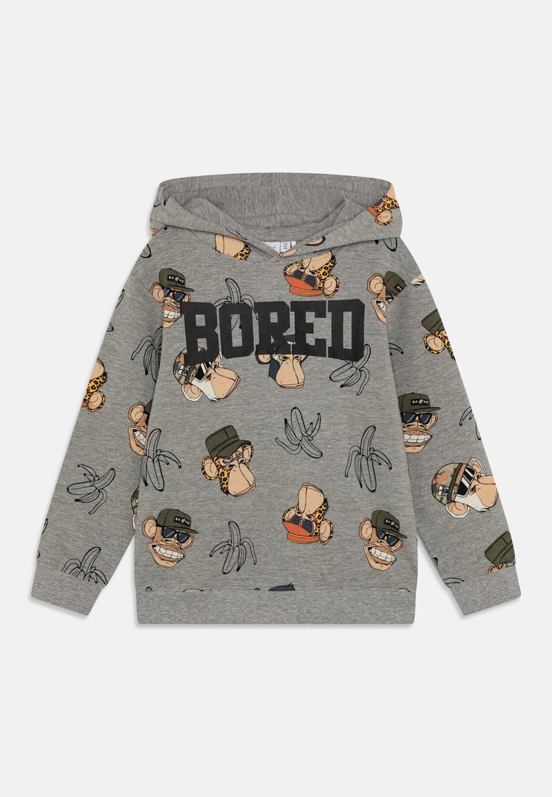 Grey hoodie featuring cartoon monkey faces, bananas, and the word "BORED" in bold black font. Made from soft, textured fabric.