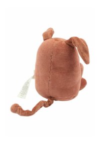 Plush dog toy in terracotta fabric, round shape, floppy ears, and a curled tail. Features a care label on the side.