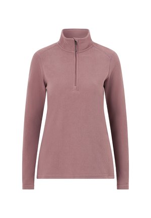 Fleece pullover in zacht mauve, met een ritssluiting bij de hogere kraag en lange mouwen. Getextureerd oppervlak met flatlock naden voor een comfortabele pasvorm.