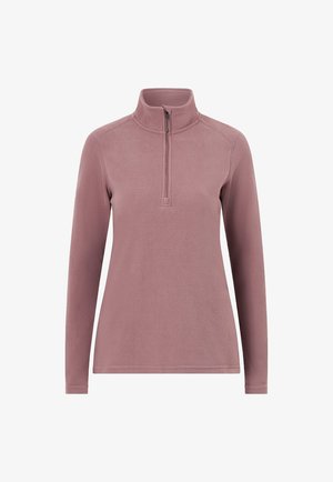 Fleecowy pulower w delikatnym mauve, z zamkiem w kołnierzu i długimi rękawami. Teksturowana powierzchnia z szwami płaskimi dla gładkiego dopasowania.