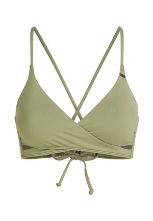 Olive green triangle bikini top with adjustable thin straps, gathered front, and a knot closure at the back. Smooth fabric and minimal design.