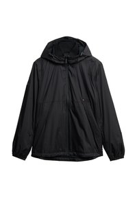 Zwarte lichtgewicht jas met een capuchon, ritssluiting, elastische manchetten en zijzakken; gemaakt van soepel, waterafstotend materiaal.