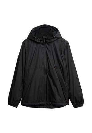 Veste légère noire avec capuche, fermeture éclair, poignets élastiques et poches latérales ; fabriquée en matériau lisse et résistant à l'eau.