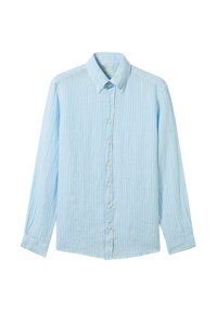 Lichtblauw overhemd met lange mouwen, voorzien van witte verticale strepen, een button-down kraag en een frontale knoopsluiting. Zachte stof met een licht gestructureerde afwerking.