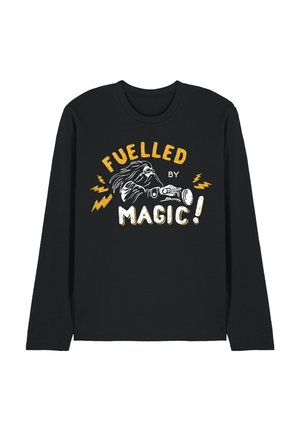Black long-sleeve shirt with a design of a wizard blowing a trumpet and the text "Fuelled by Magic!" in yellow and white.