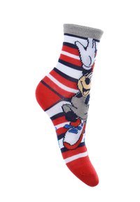 Calcetines de tobillo con temática de Mickey Mouse que presentan rayas rojas, blancas y azul marino, un puño gris y secciones de puntera y talón en rojo contrastante.
