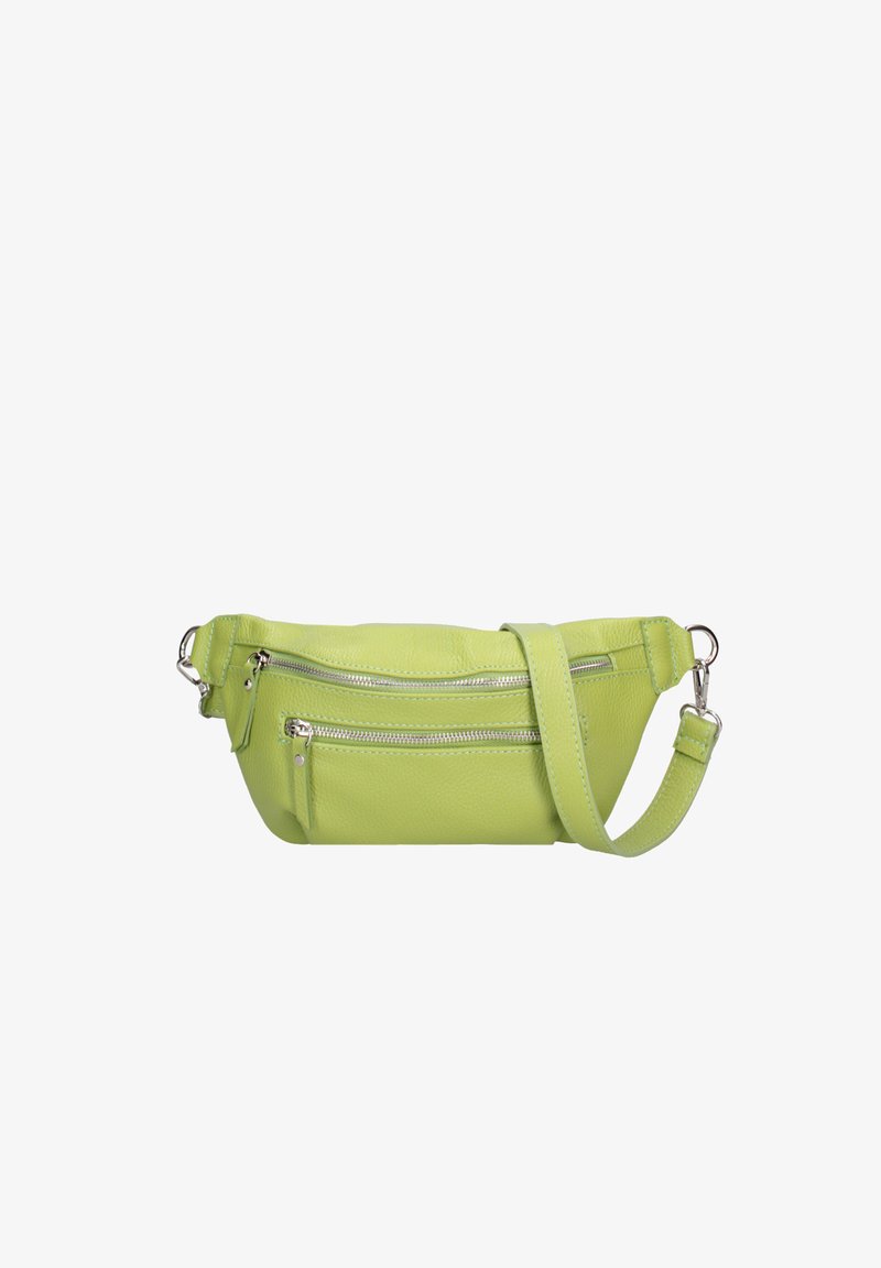 Marsupio in pelle verde chiaro con due tasche frontali con cerniera e tracolla regolabile con fibbie metalliche argentate.