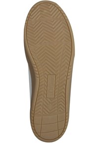 Suola in gomma con motivo a zig-zag, di colore beige, caratterizzata da marchi embossati e indicazioni di taglia. Texture liscia con bordi arrotondati.