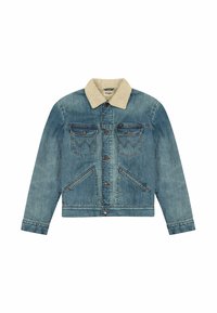 Giacca di jeans blu con colletto in shearling beige, due tasche sul petto, tasche diagonali e chiusura a bottoni. Presenta dettagli di cucitura.